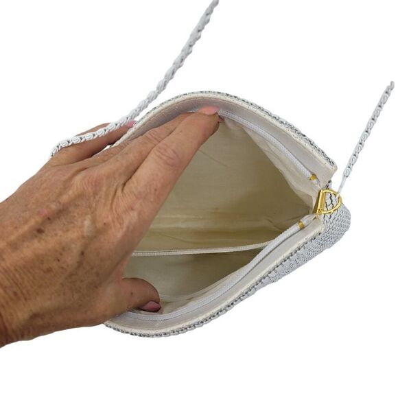 Vintage 80s White Metal Mesh Evening Bag Crossbody Chain Shoulder Bag Formal - Picture 4 of 12